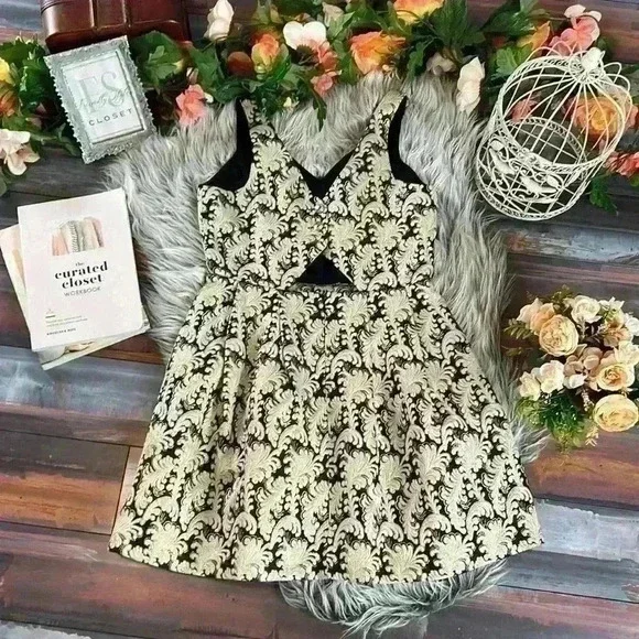 Jealous Tomato High End Boutique Black&Tan Brocade Fit & Flare Metalic Dress, M - Picture 8 of 11